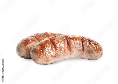 Tasty fresh grilled sausages isolated on white © New Africa