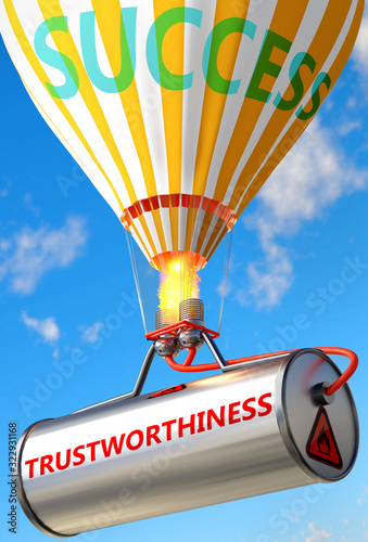 Trustworthiness and success - pictured as word Trustworthiness and a balloon, to symbolize that Trustworthiness can help achieving success and prosperity in life and business, 3d illustration photo