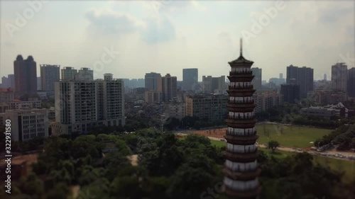 day time guangazhou city famous chigang pagoda aerial panorama tilt-shift 4k china photo