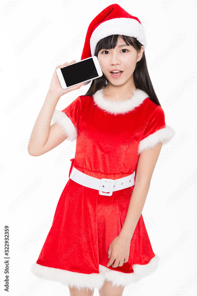santa woman holding a smartphone on white background,with a black screen to camera. santa woman holding a smartphone on white background,with a black screen to camera.