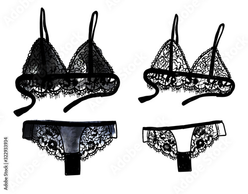 Beautiful lingerie. A set of images with a paint texture. Drawing by hand in vintage style. Bra and panties. Beautiful lace. Handmade linen.