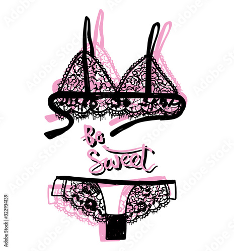 Beautiful lingerie. A set of images with a paint texture. Drawing by hand in vintage style. Bra and panties. Beautiful lace. Handmade linen.