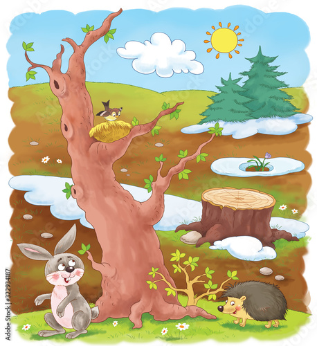 Fototapeta Naklejka Na Ścianę i Meble -  Four seasons. Spring. Cute hare and hedgehog in the forest. Coloring page. Coloring book. Cute and funny cartoon characters