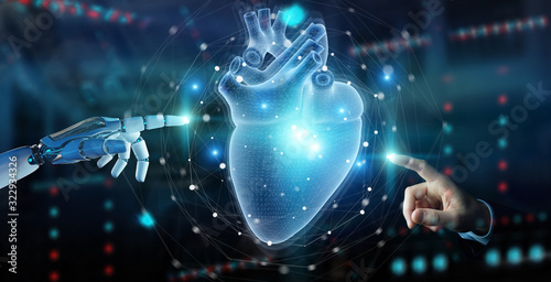 Foto Robot hand using digital x-ray of human heart holographic scan projection 3D ren