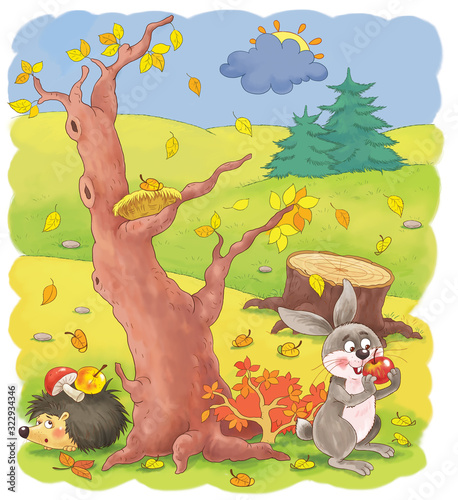 Fototapeta Naklejka Na Ścianę i Meble -  Four seasons. Autumn. Cute hare and hedgehog in the forest. Coloring page. Coloring book. Cute and funny cartoon characters