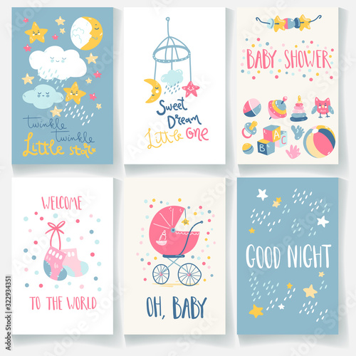 Set of baby cards. Good night, twinkle star, sweet dream, welcome, baby shower. Hand lettering