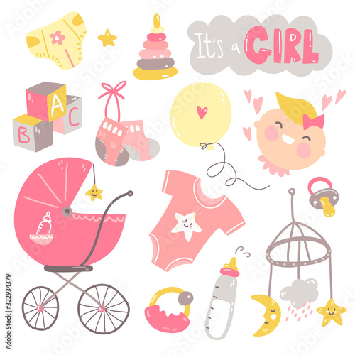 It's a girl doodle set. Pink and yellow baby care, feeding, clothing, toys, health care stuff, accessories.