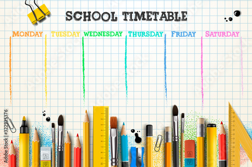 School timetable template for students or pupils. Vector Illustration