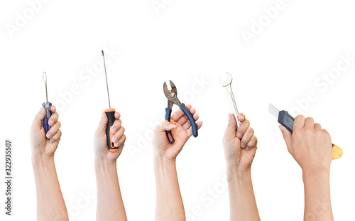 Hands holding different tools isolated on white background. object with clipping path.