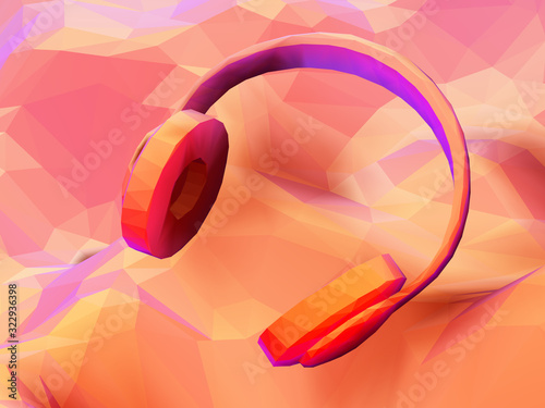 3D polygonal headphones on low poly landscape background. Abstract visualization of digital sound and modern music. Low poly vector illustration of online music listening and internet radio streaming.