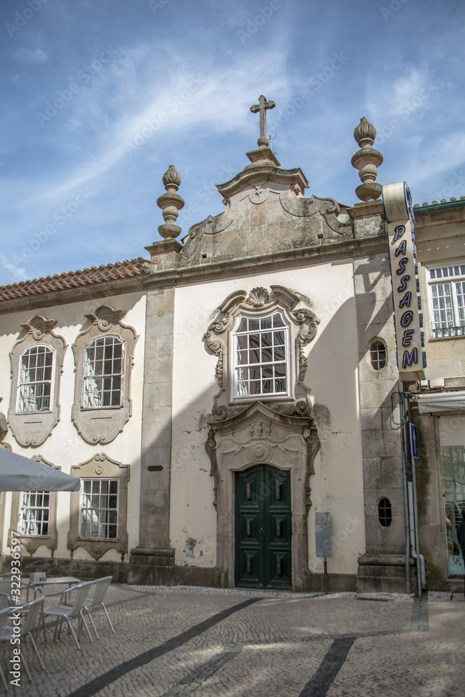 View at a classic baroque facade building on Viseu city Downtown, Portugal