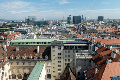 View from St. Stephen's Cathedral tower over Vienna, capital of Austria, on a sunny day