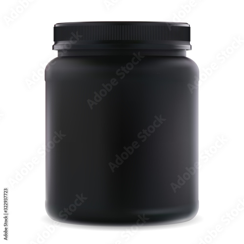 Black supplement jar. Protein sport 3d container. Bcaa amino acids can blank. Round bodybuilding creatine product package for muscle workout. Realistic vitamins cylinder tube
