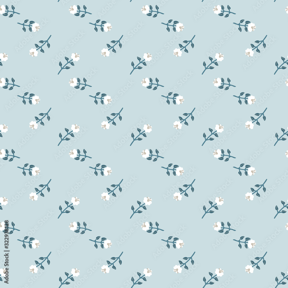 White flowers diagonal striped seamless vector pattern on a blue background. Romantic light surface print design. Great for girly fabrics, cards, wedding invitations, and wrapping paper.