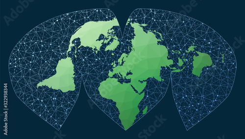 Communications map of the world. Interrupted Sinu-Mollweide projection. Green low poly world map with network background. Captivating connections map for infographics or presentation.