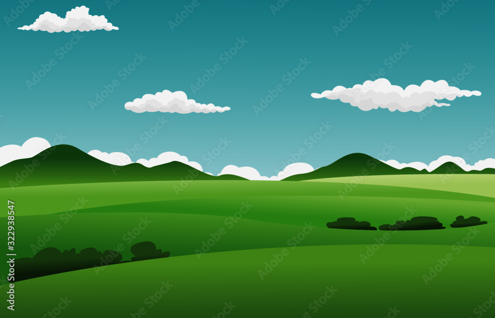 Vector illustration of summer fields landscape with a dawn, green hills, bright color blue sky and cloud, country background in vector Vector illustration of summer fields landscape with a dawn, green hills, bright color blue sky and cloud, country background in vector