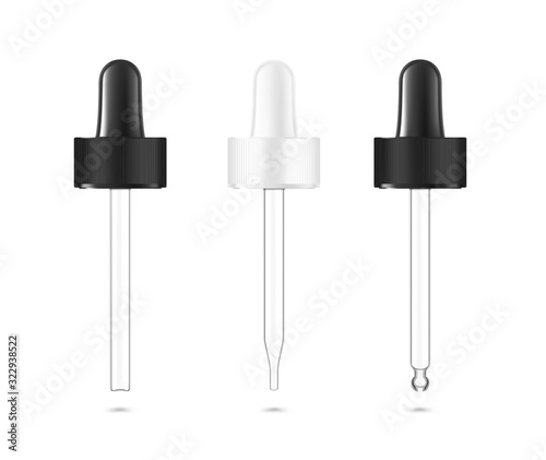 Pipette mockups for dropper bottle  isolated on white background. Vector illustration. Front view. Сan be used for cosmetic, medical and other needs. EPS10.