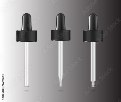 Pipette mockups for dropper bottle  on grey background. Vector illustration. Front view. Сan be used for cosmetic, medical and other needs. EPS10.