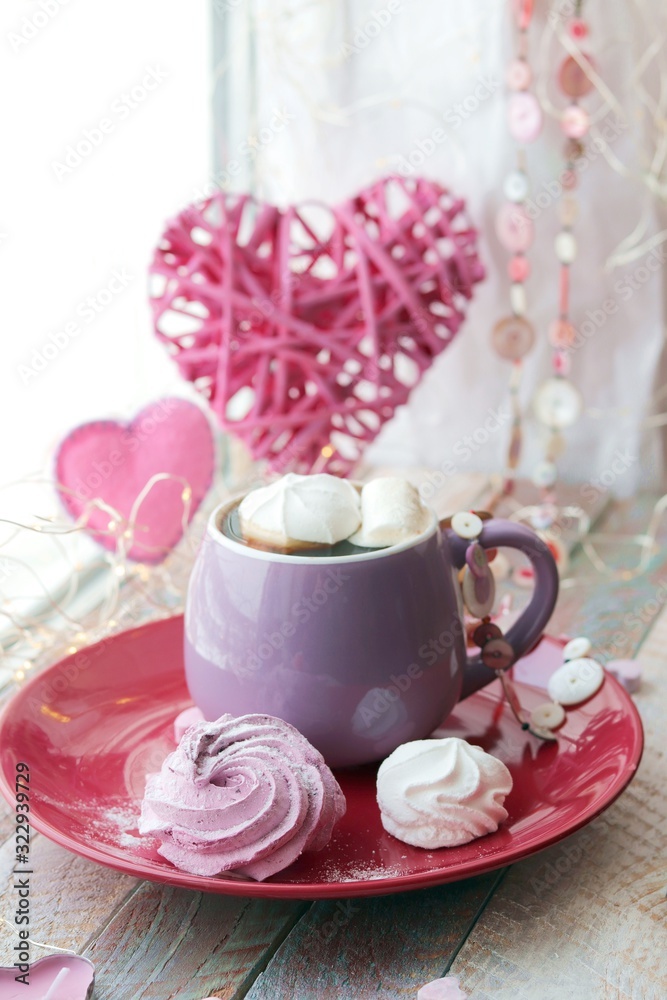 Cup of coffee with meringues and marshmallows, hearts, illumination on a wooden windowsill, home comfort, St. Valentine's Day Cup of coffee with meringues and marshmallows, hearts, illumination on a wooden windowsill, home comfort, St. Valentine's Day