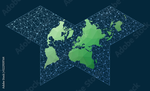 Communications map of the world. Polyhedral Butterfly projection. Green low poly world map with network background. Awesome connections map for infographics or presentation. Vector illustration.
