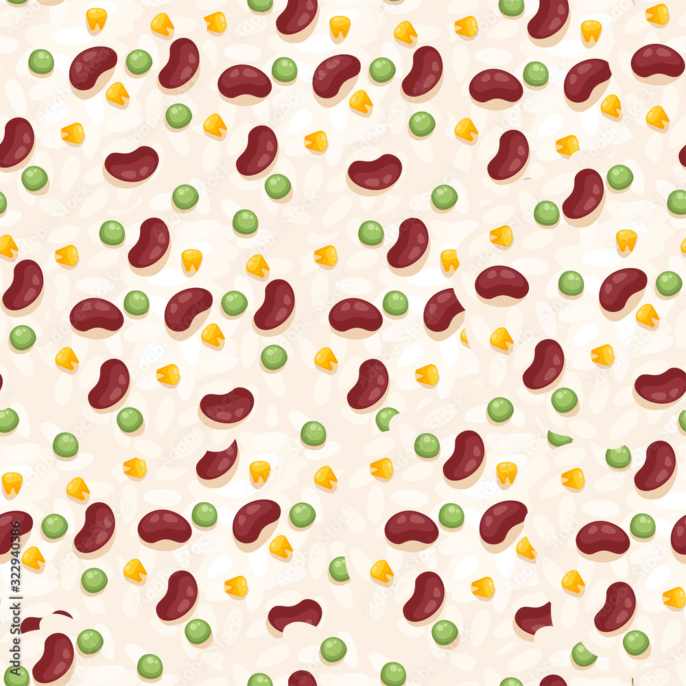 Seamless pattern of soybean green pea and corn vegetables food flat vector illustration on beige background Seamless pattern of soybean green pea and corn vegetables food flat vector illustration on beige background