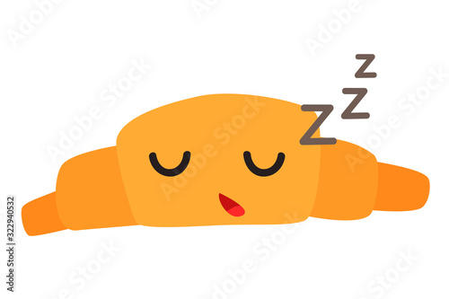 Funny croissant vector illustration. Sleeping croissant character with cute face. Sweet croissant emoji. Emotional pastry food. Bakery icon, isolated on white background