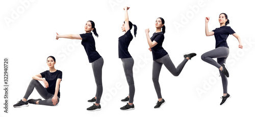 Collage of full length young woman in sportswear doing exercises.