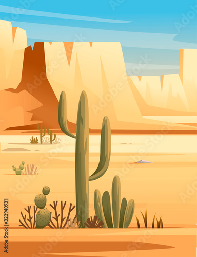 Desert landscape of stone desert with plants and rocks sunny day blue sky flat vector illustration vertical design