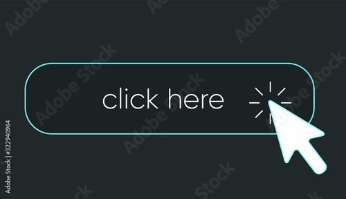 Click here banner. Web button with action of hand pointer. Click here, UI button concept. Vector illustration 