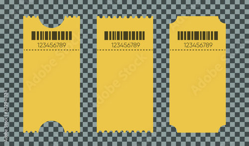 Blank tickets mockup for entrance to the concert. Set of empty ticket templates isolated on transparent background. Vector illustration