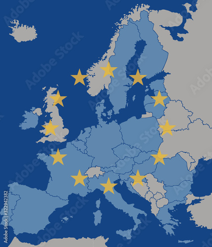 Map of Europe with European Union member states excluding United Kingdom with stars from EU flag on top