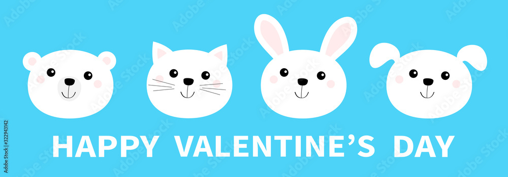 Happy Valentines Day. Bear, cat, dog, rabbit. Animal head face round icon set line. White color. Cute cartoon kawaii funny baby character. Flat design. Isolated. Blue background.