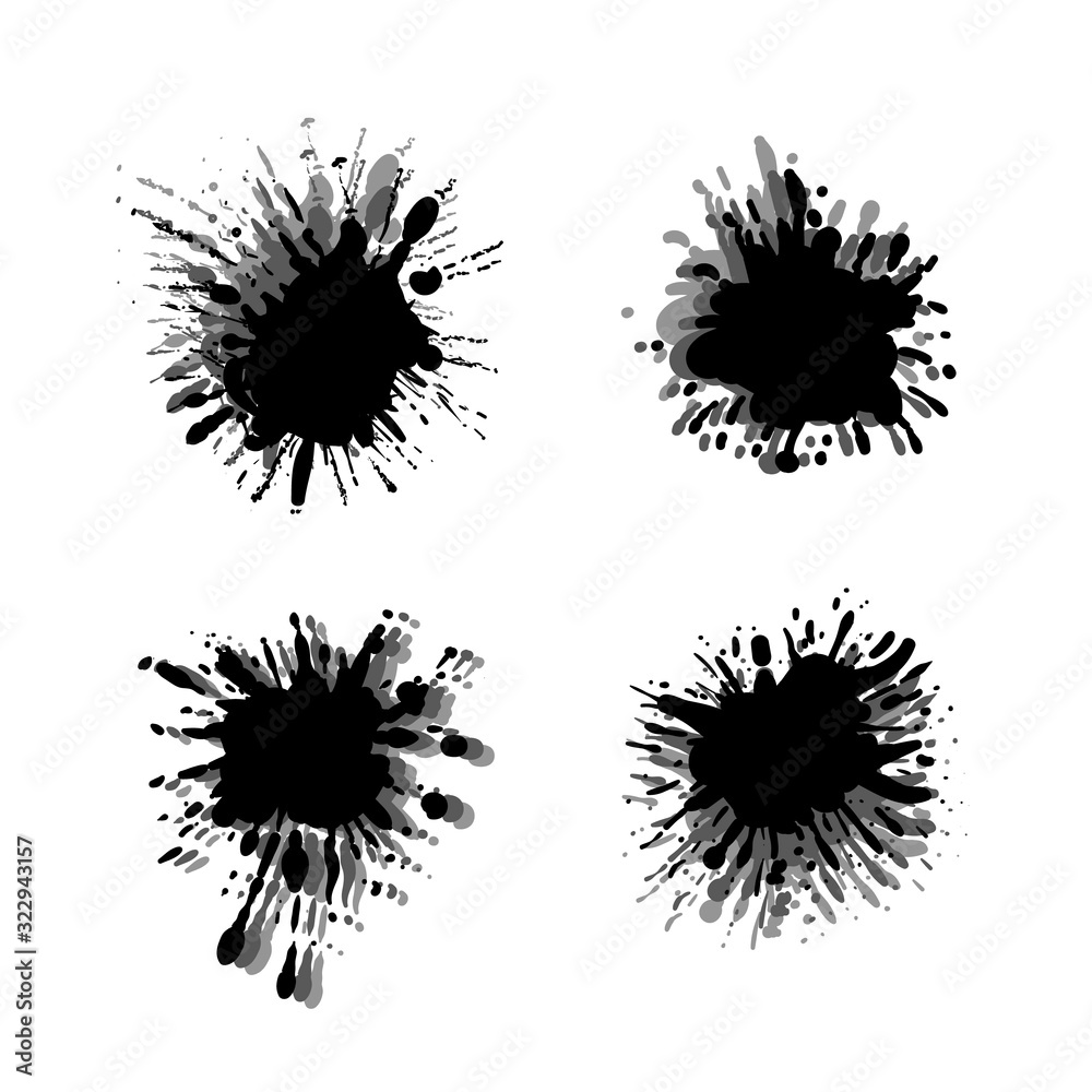 Vector Monochrome Paint Splashes Set Isolated on White Background, Black and Gray Colors.