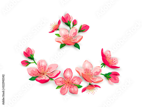 Blossom sakura, cherry flowers vector illustration set. Design elements isolated on white background.