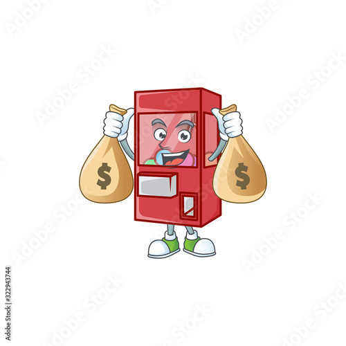 A cute image of toy claw machine cartoon character holding money bags