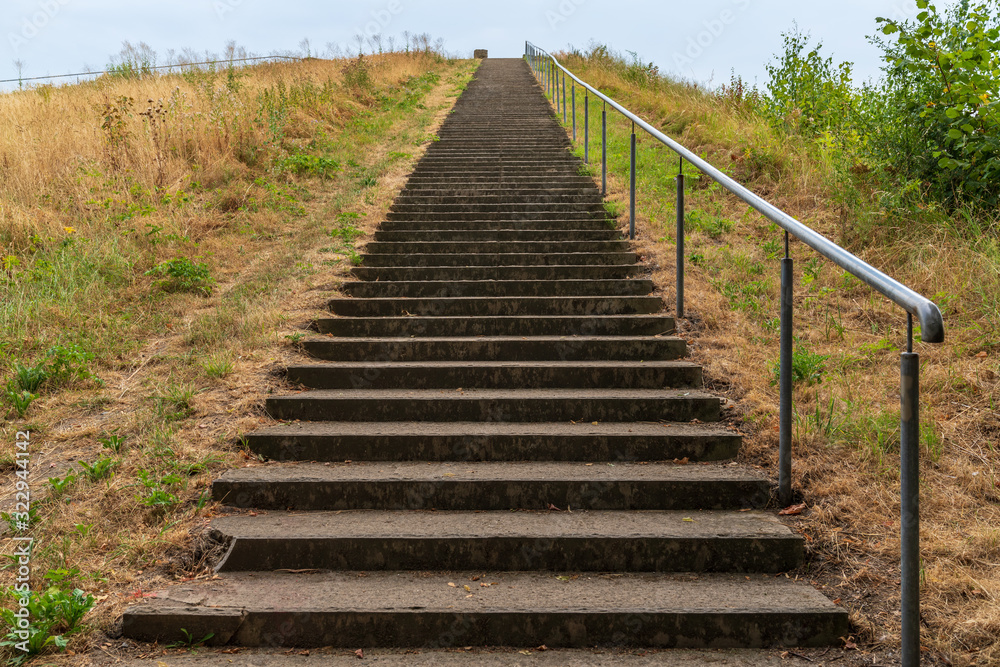 Stairs up to the viewpoint at the Nordsternpark, Gelsenkirchen, North Rhine-Westfalia, Germany Stairs up to the viewpoint at the Nordsternpark, Gelsenkirchen, North Rhine-Westfalia, Germany