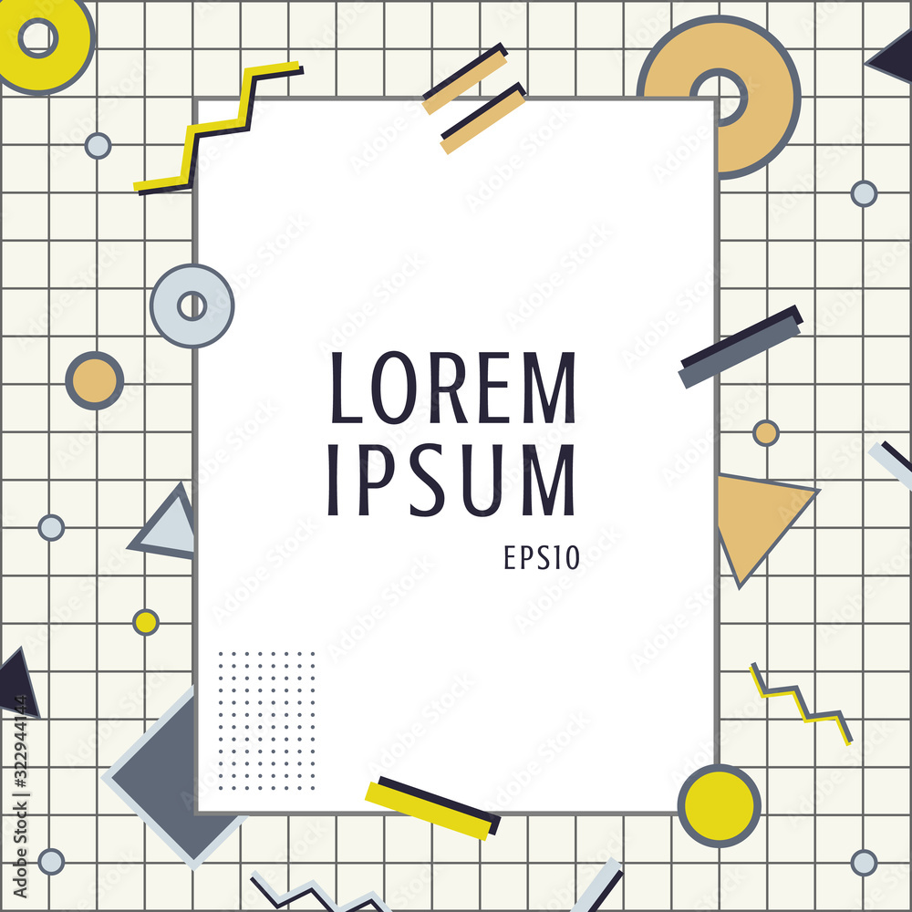 Fototapeta premium Creative template rectangle frame border yellow, gray and black geometric circle, triangle, line on grid background memphis style.