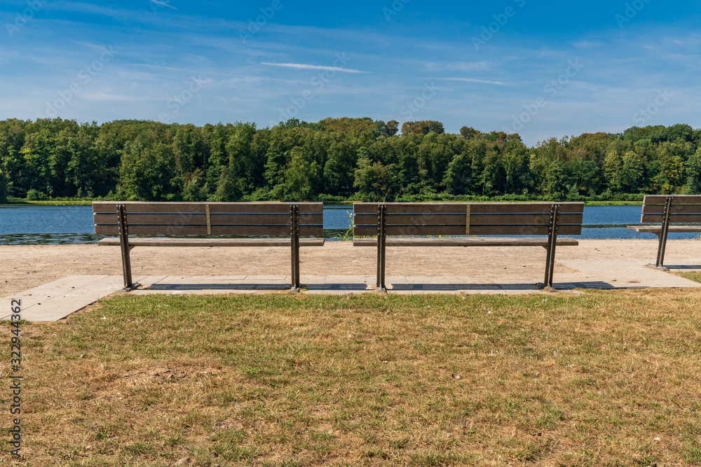 Benches with view over the Baldeney lake, Essen, North Rhine-Westfalia, Germany Benches with view over the Baldeney lake, Essen, North Rhine-Westfalia, Germany
