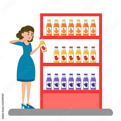 Woman choose juice in the supermarket vector isolated.