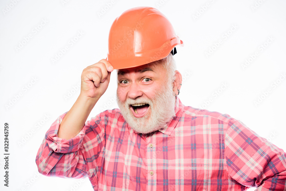 Repairing or renovating. Home improvement. Man bearded engineer wear helmet. Repair concept. Engineer architect or contractor. Senior engineer foreman. Plumber service. Experienced engineer