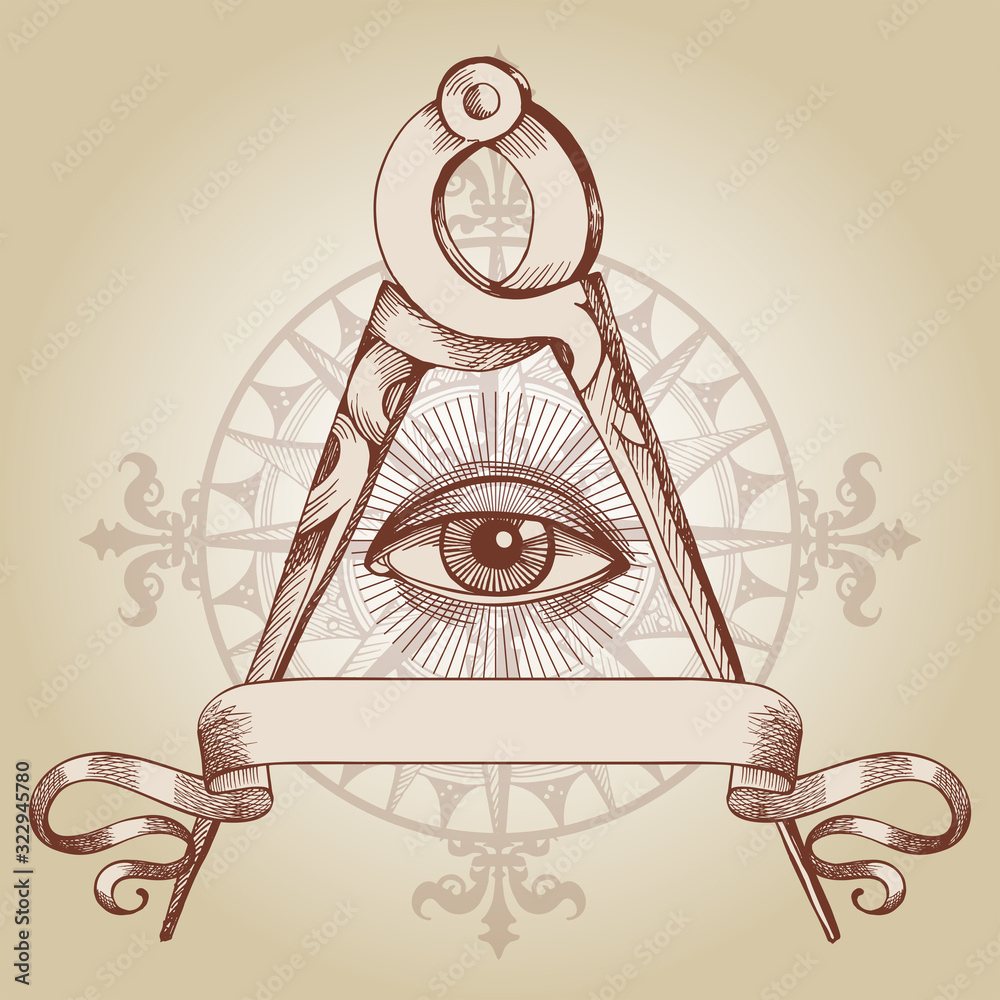 Vector occult icon. Freemason sign all-seeing eye symbol. Ancient compass  measuring instrument. Drawing by hand. Element of decorating an old  geographical map. Inscription frame Stock Vector | Adobe Stock