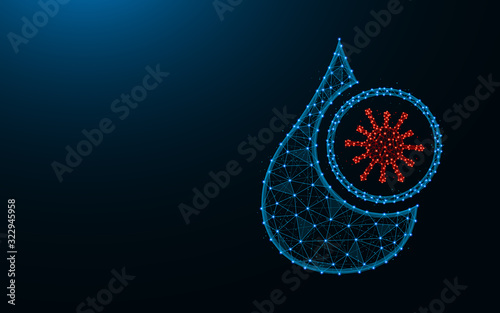 Drop of water low poly design, Drop of water and microbe wireframe mesh polygonal vector illustration made from points and lines on dark blue background