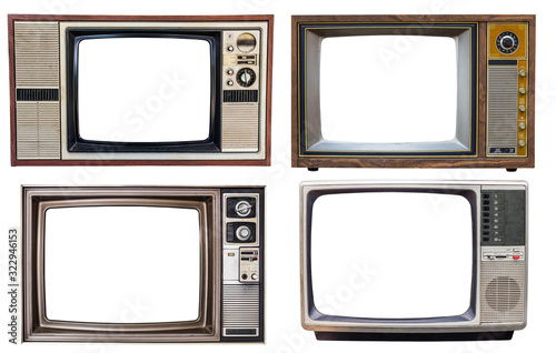 old retro color bronze and wooden home TV receiver isolated on white background,mix vintage television