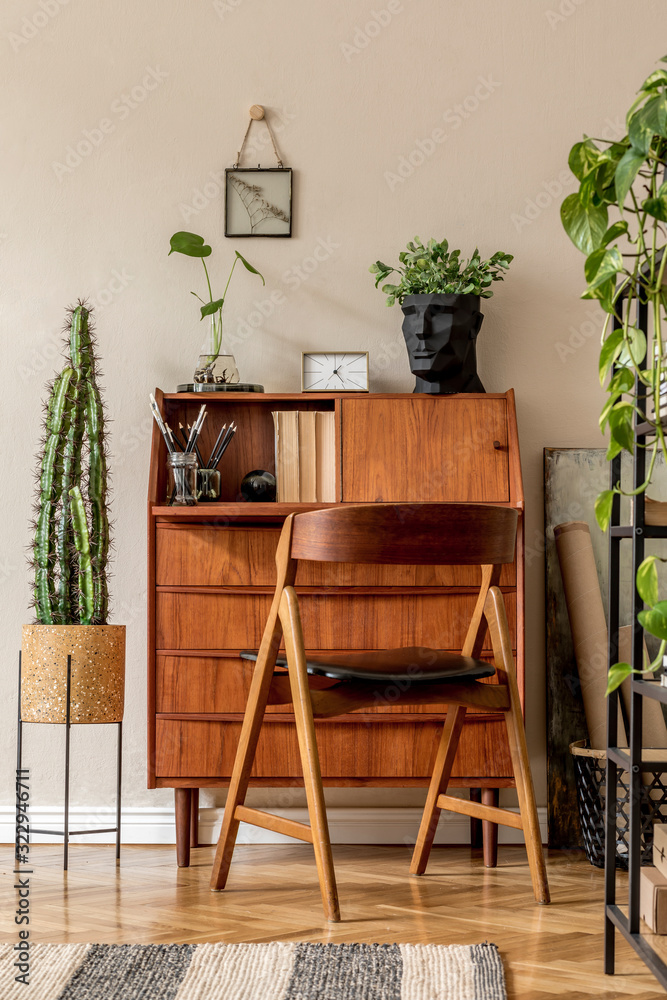 Retro interior design of art workshop room with wooden vintage bureau ...