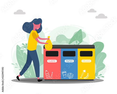 Happy woman throws away trash into trash bin with recycling symbol. Garbage Ecology and recycle concept. Utilize waste social illustration. Female character in trendy flat style. Waste sorting.