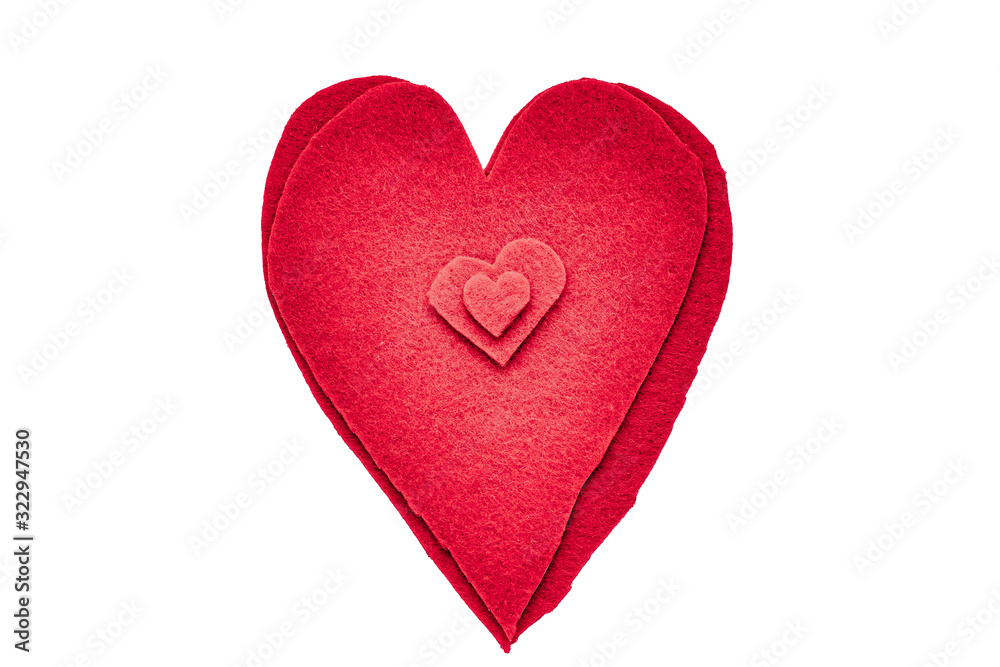 Fototapeta premium A red heart-shaped felt material on white background, top view for Fathers Day or Valentines Day or Mother's Day