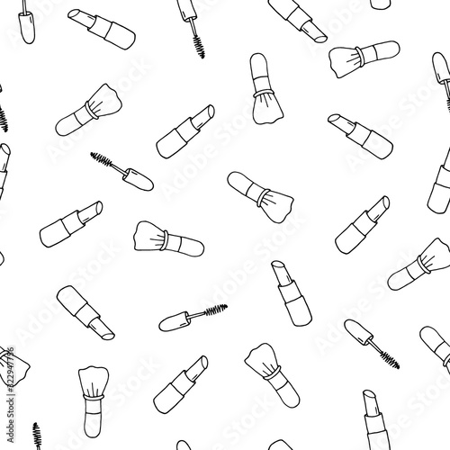 Seamless pattern with hand drawn lipstick and makeup brush. Decorative doodle element for fabric and wrapping paper. Set beauty makeup for cute girls. Vector illustration isolated on white background.