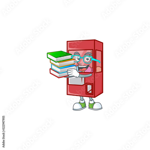 A brainy clever cartoon character of toy claw machine studying with some books