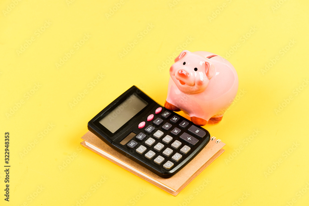 saving money. First salary. bookkeeping. financial report. family budget management. business start up. Working with numbers. piggy bank with calculator. Moneybox. RICH LIFE saving money. First salary. bookkeeping. financial report. family budget management. business start up. Working with numbers. piggy bank with calculator. Moneybox. RICH LIFE