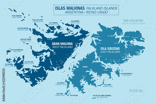 Falkland Islands political map, England, United Kingdom. Islas Malvinas, Argentina. Vector illustration. photo